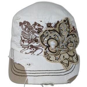 Leader Army Cap White One Size Fleur De Lis Rhinestone Sequin Distressed Hat